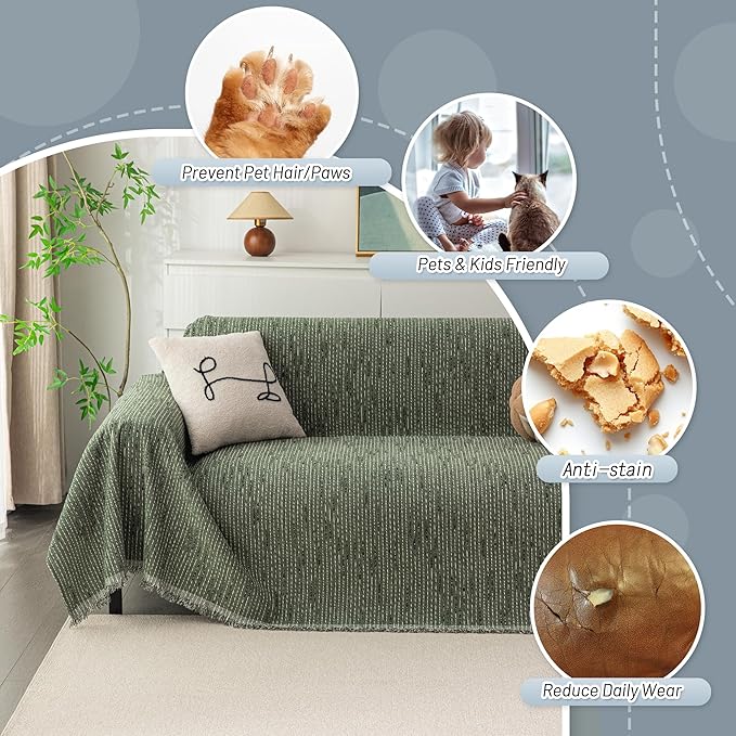 MYSKY HOME Boho Couch Cover Moss Green Sofa Covers with Tassel Farmhouse Sofa Slipcover Simple Couch Protector for Dogs Chenille Sectional Couch Covers L Shaped Couch Cushion Covers, 71"x 134"