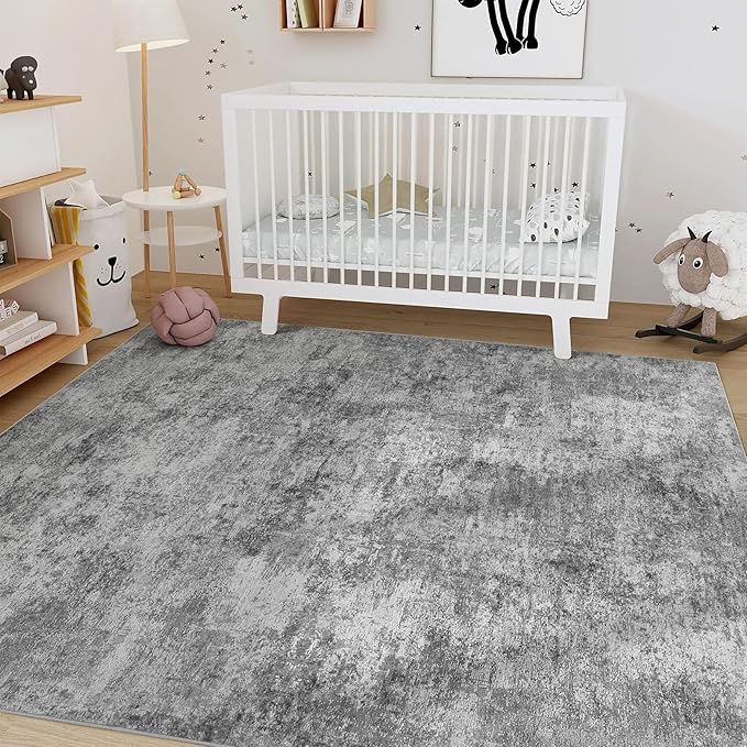 Nakagishi 7x9 Area Rugs Living Room: Washable Abstract Large Neutral Soft Rug Stain Resistant Modern Indoor Floor Non-Slip Carpet for Bedroom Nursery Kids Playroom Office Dining Room Dorm- Grey