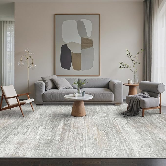 Area Rugs 8x10 for Living Room Bedroom, Modern Abstract Machine Washable Rug, Large Soft Low Pile Floor Carpet with Non Slip Backing for Dining Room, Light Grey/Beige