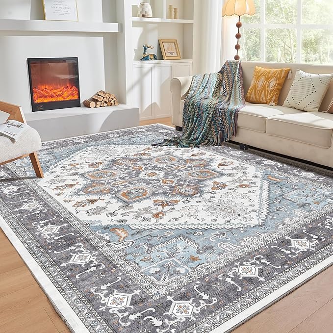 OPPODREAM Soft 10x14 Area Rugs, Washable Rugs 10x14 with Non Slip Backing, Low-Pile Faux Cashmere 10 x 14 Carpet, Grey & Teal & Yellow
