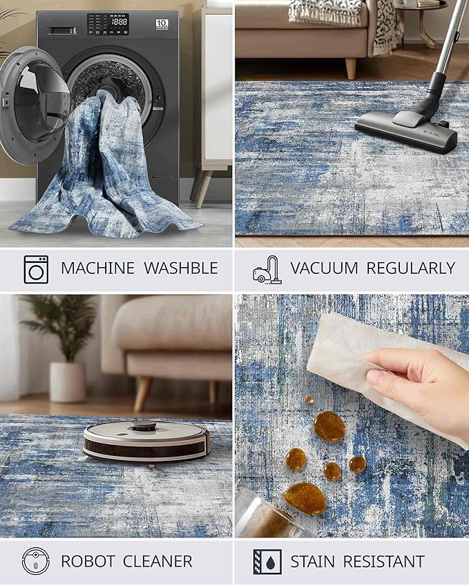 Latte&Fog 5x7 Area Rugs for Living Room Bedroom, Blue Modern Abstract Neutral Washable Rug, Boho Non Slip Low Pile Carpet for Dining Room,Dorm,Classroom,College Dorm and Farmhouse - Blue Grey