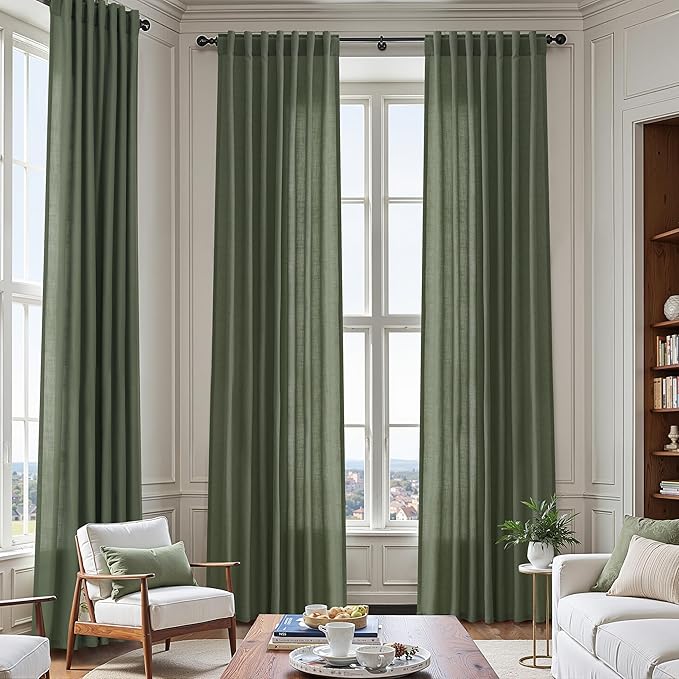 Nanspring Olive Green Linen Curtains for Living Room 2 Panels Set 126 Inch Length Back Tab Light Filtering Semi Sheer Curtain Drapes for Bedroom 52x126