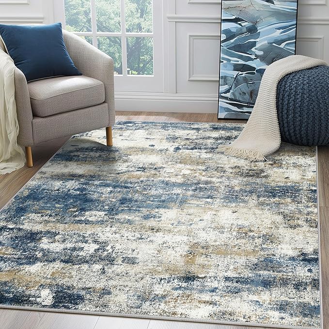 BEIMO Machine Washable Rug 8x10 Area Rugs for Living Room Bedroom, Large Navy Blue Beige Abstract Area Rug Soft Throw Rugs, Low-Pile Floor Carpet with Non Slip Rubber Backing