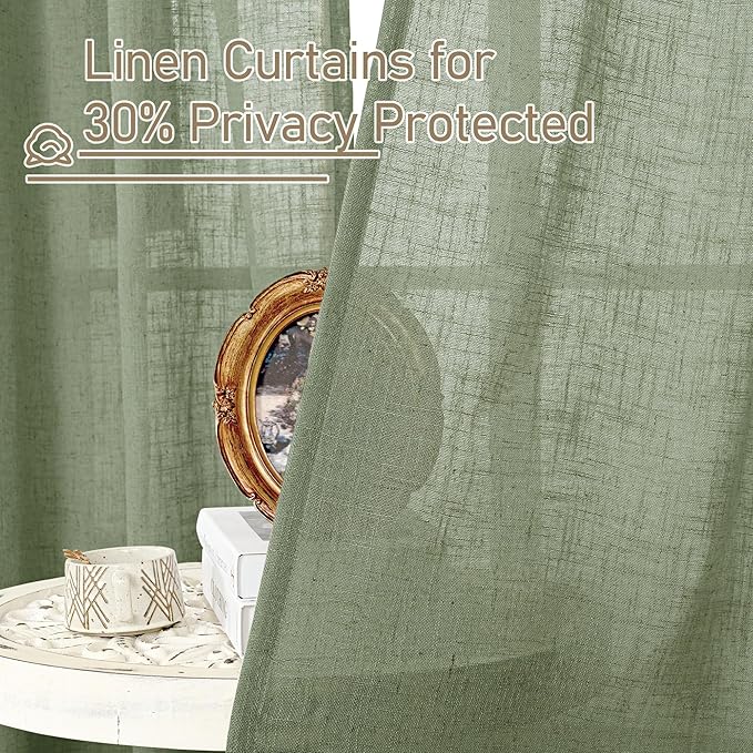 LAMIT Extra Wide Linen Curtains for Bedroom, Sage Green Light Filtering Faux Linen Textured Panels Semi Sheer Back Tab and Rod Pocket Boho Drapes for Living Room, 2 Panels, 60 x 84 Inch