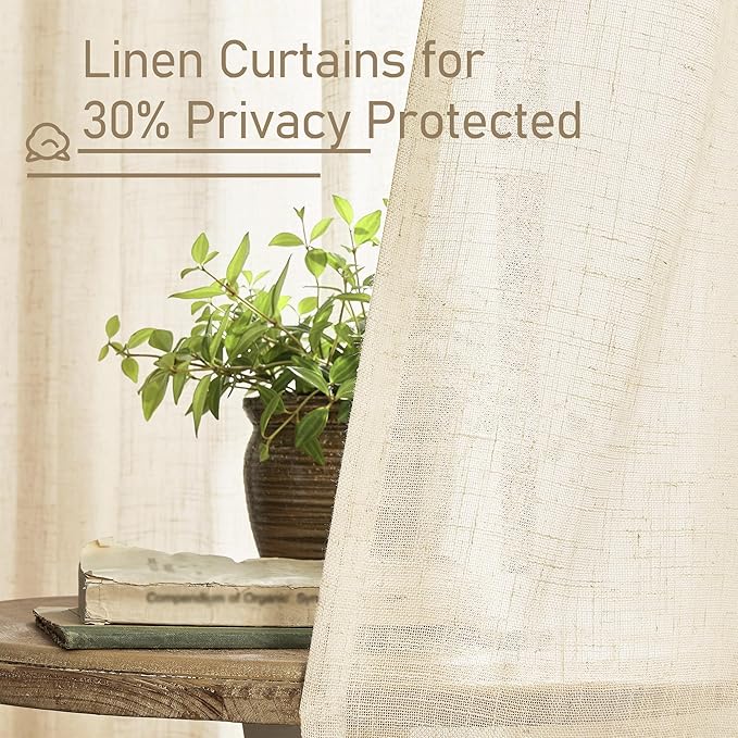 LAMIT Beige Linen Curtains for Living Room 2 Panels Set, 68 Inch Faux Linen Textured Light Filtering Drapes Back Tab and Rod Pocket Boho Panels for Farmhouse/Bedroom/Porch, 52 x 68 Inch