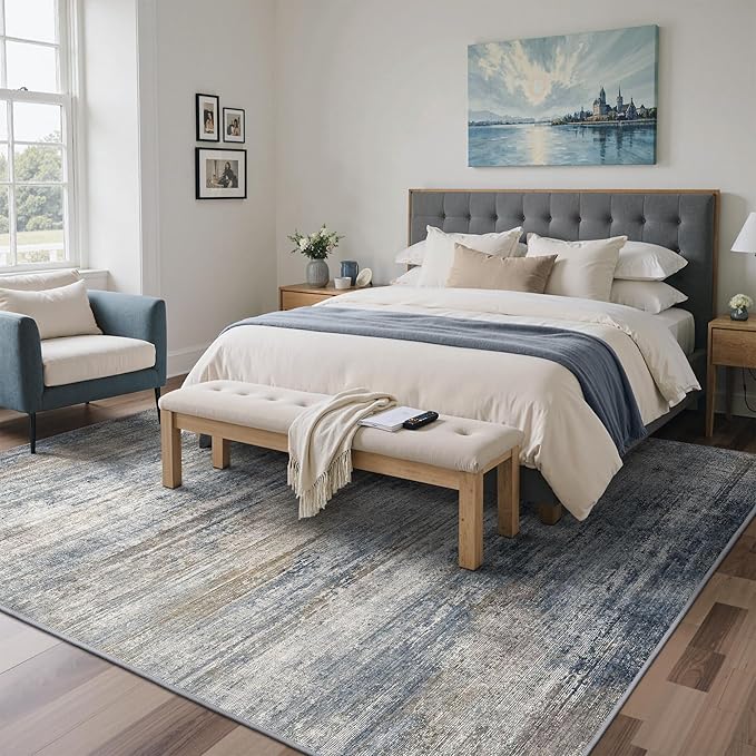 BEIMO Area Rugs 5x7 for Living Room Bedroom, Modern Abstract Machine Washable Rug, Large Soft Low Pile Floor Carpet with Non Slip Backing for Dining Room, Denim Blue/Taupe
