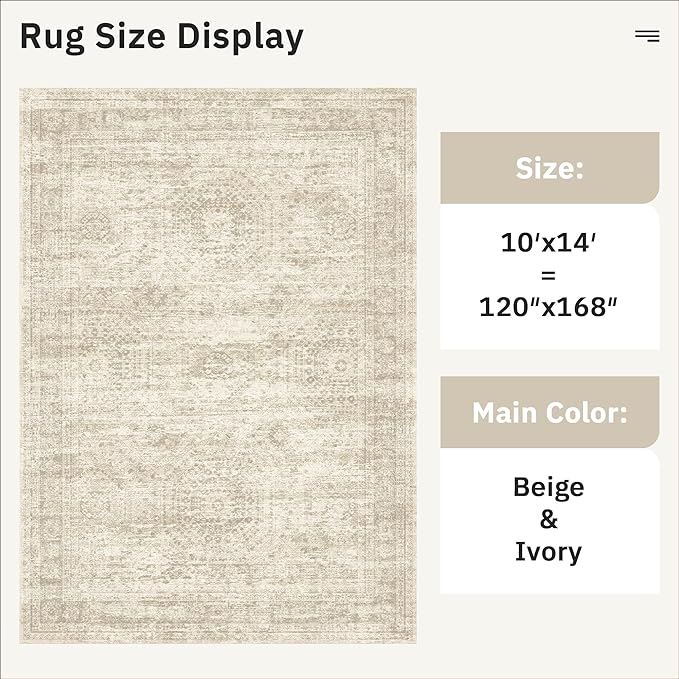 Soalmost 10x14 Area Rugs for Living Room, Non Slip Machine Washable Vintage Rugs, Low Pile Lightweight Large Rug for Bedroom, Dining Room, Home Office Beige