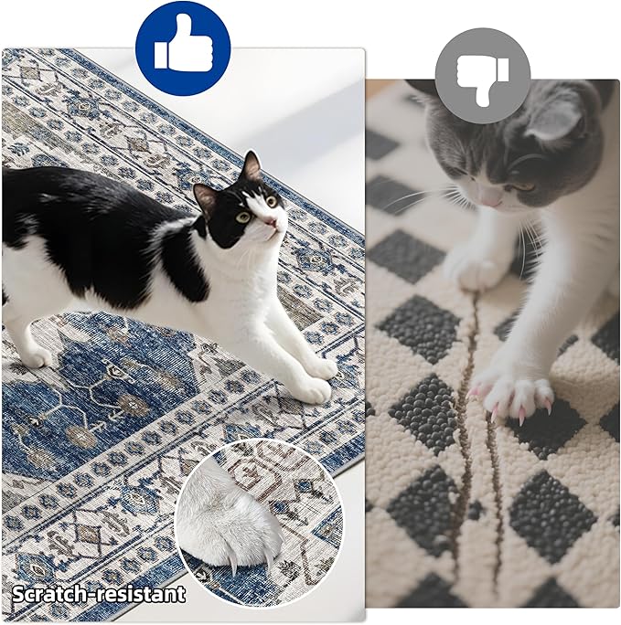 Kitchen Sink Rugs Set 0f 2: Washable Non-Slip Hardwood Floor Mat for Stove Dishwasher Fronts Soft Stain Resistant Carpet for Cooking Area & Fridge Boho Home Decor for High Traffic Area(2x3+2x4,Blue)