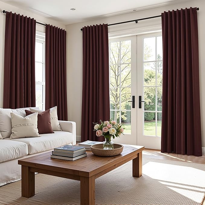 Guken 100% Blackout Curtains 90 Inch Length 2 Panels Set for Living Room Bedroom Back Tab Thermal Insulated Black Out Linen Drapes Room Darkening Reddish Brown,52x90