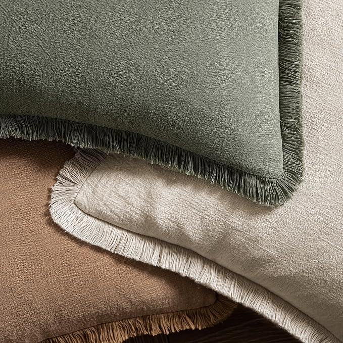 MIULEE Decorative Throw Pillow Covers Neutral Linen Fringe Throw Pillows Euro Shams Set of 2 Light Olive Green Boho Farmhouse Cushions for Couch Sofa Bed Living Room Spring Home Decor 28x28 Inch