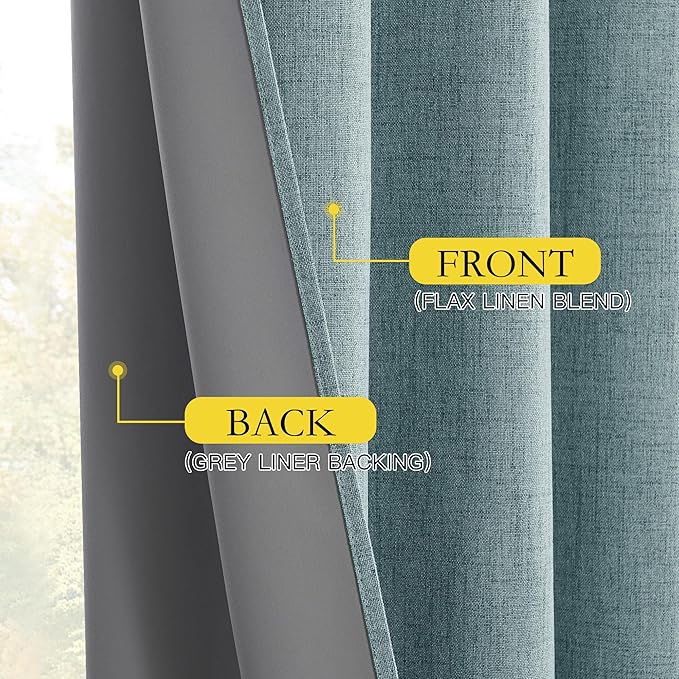 NICETOWN 100% Absolutely Blackout Linen Curtains with Thermal Insulated Liner, Skylark Blue, 62" Wide, 95" Length Energy Saving Curtains for Living Room 2 Panels Set, Vertical Blinds