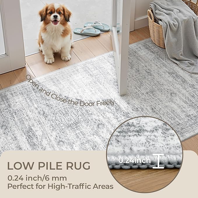Kitchen Runner Rug Non Slip - 2.5 x 8 Runners for Hallways, Entryway, Bedroom, Washable Runner Rugs for Bathroom, Laundry Room, Low Pile Soft Vintage Area Rug(2.5'x8', Grey/Ivory)