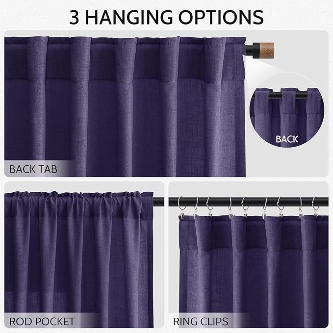 Nanspring Purple Linen Blend Light Filtering Back Tab Curtains 102 Inches Long, Semi Sheer Privacy Drapes for Living Room & Bedroom, 52x102 inch, 2 Panels