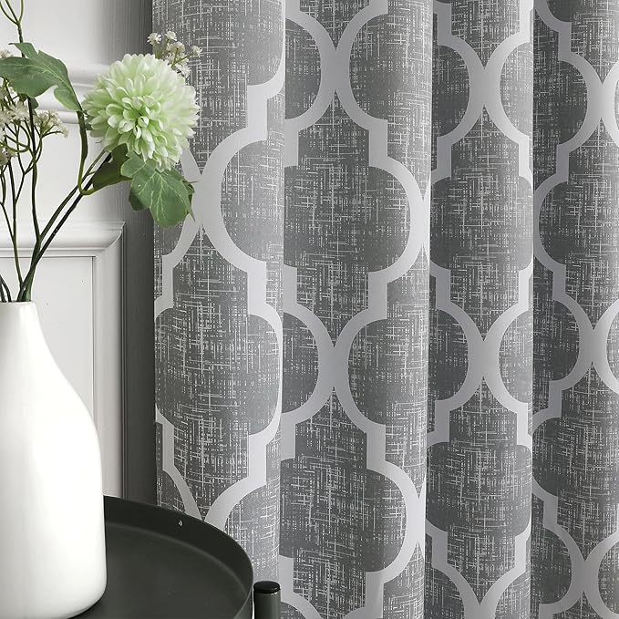 Beauoop 100% Blackout Curtains 96 Inches Long 2 Panels for Bedroom Living Room Grey Moroccan Geo Room Darkening Thermal Insulated Soundproof Grommet Top Window Treatments Drapes, 50x96 Set of 2