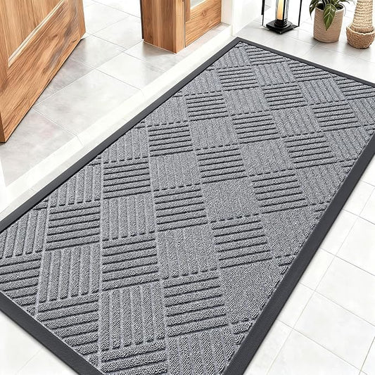 OLANLY Front Door Mat Outside Entrance 47x23, Absorbent, Heavy Duty Sturdy Natural Rubber Doormat Indoor Outdoor, Stain Fade Resistant, Non-Slip Low Profile Floor Mat Entryway, Charcoal Gray Diamond