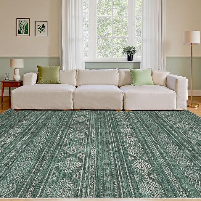 Nakagishi Green Rug Area Rugs 5x7: Washable Boho Large Neutral Modern Soft Farmhouse Rug Stain Resistant Indoor Floor Non-Slip Carpet for Women Home Enthusiasts Aged 25-45 - Bedroom Room Decor