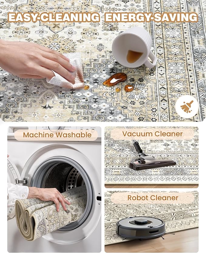 Carpet Runners for Hallway 12ft, Non-Slip Long Bathroom Rugs Runner for Kitchen, Living Room, Bedroom, Soft Vintage Washable Rug for Entryway, Thin Floor Mat for Dining Room(Beige,2.5'x12')