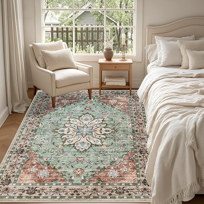4x6 Area Rugs for Living Room: Washable Rug Soft Vintage Distressed Floral Carpet Indoor Floor Non-Slip Stain Resistant Large Carpets for Bedroom Dining Room Farmhouse Nursery Home Office Brown Green