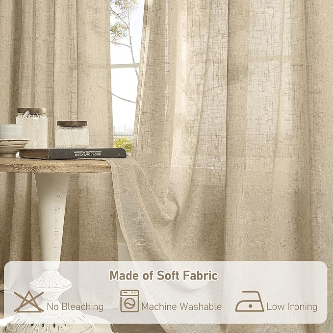 LAMIT 54 Inch Semi Sheer Window Linen Curtains, Light Filtering Panels Back Tab and Rod Pocket Neutral Drapes for Bedroom/Living Room, Brown, 2 Panels, 34 x 54 Inch