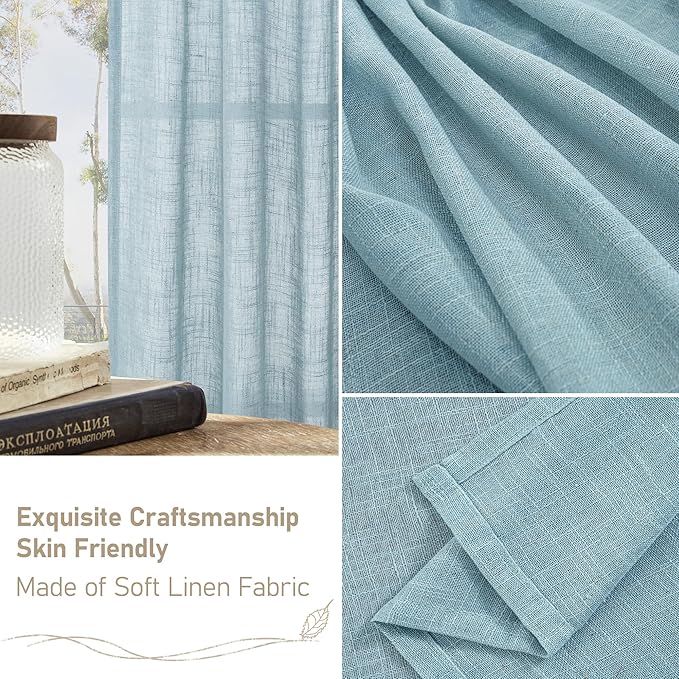LAMIT Stone Blue Semi Sheer Window Linen Curtains 63 Inch Length, Light Filtering Panels Back Tab and Rod Pocket Country Decor Drapes for Bedroom/Living Room, 2 Panels, 34 x 63 Inch