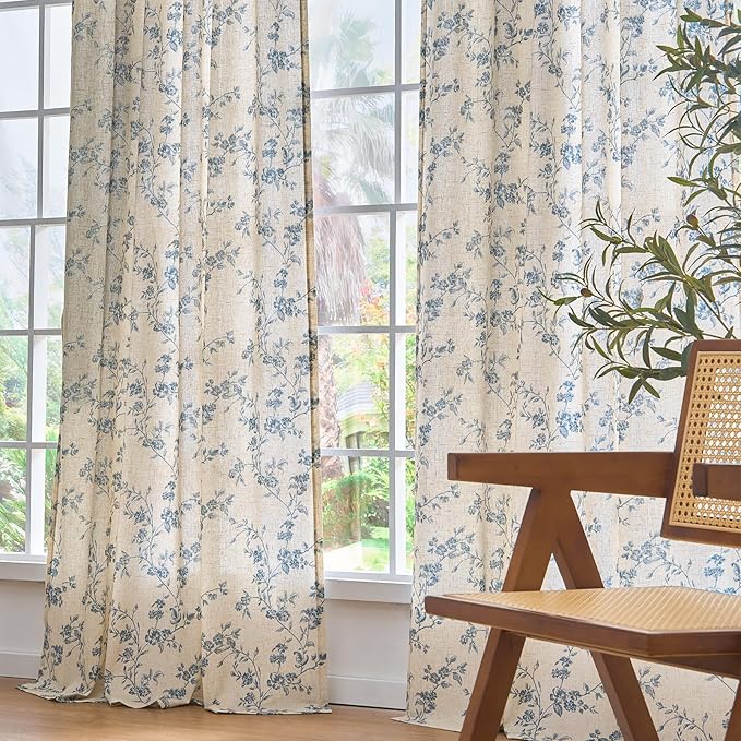 Lazzzy Blue Floral Linen Curtains 84 Inch Length Farmhouse Curtain Back Tab Drapes for Living Room Bedroom Light Filtering Vintage Rod Pocket Curtains, 2 Panels, Blue on Beige