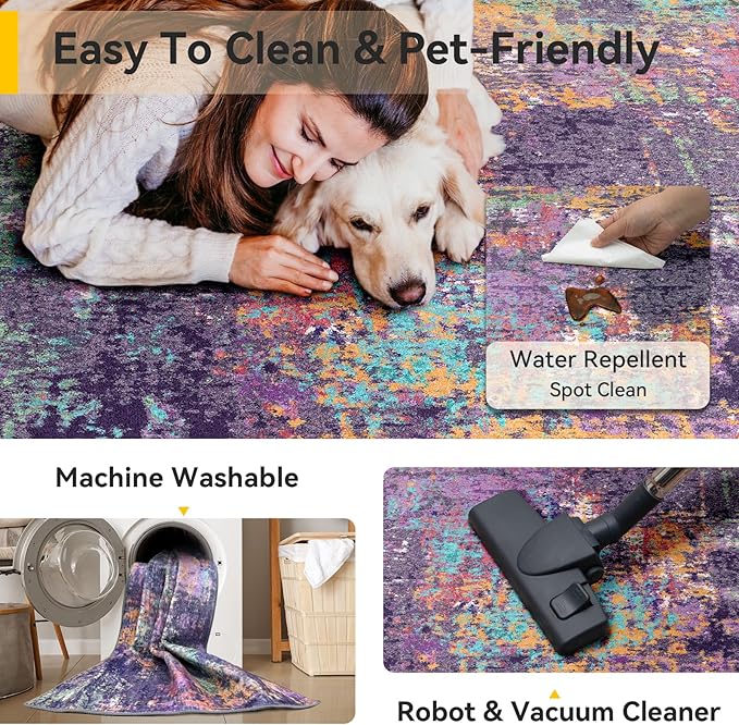 Washable Area Rugs 6'x8' Non-Slip Modern Abstract Soft for Living Room Entryway Bedroom Nursery, Print Pattern, Purple Orange Blue Green Rust Red Colorful