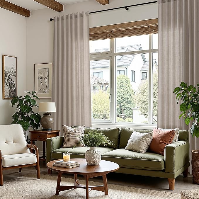 Nanspring Stone Beige Linen Curtains 84 Inches Long for Living Room Light Filtering Semi Sheer Curtain Back Tab Simple Modern Elegant Farmhouse Luxury Drapes for Bedroom Office 52x84,2 Panels