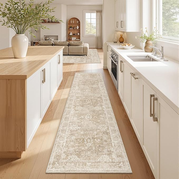 Madane Runner Rug 2x8 for Hallway, Kitchen Non-Slip Runner Rug with Rubber Backing, Vintage Soft Low Pile Throw Neutral Carpet Runner for Laundry Room Entryway Bathroom Bedroom (2 x 8, Beige/Brown)