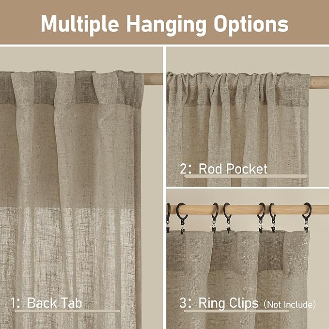 LAMIT Taupe Linen Curtains for Living Room 84 inch Length 2 Panels, Light Filtering Semi Sheer Curtains Back Tab and Rod Pocket Farmhouse Drapes for Bedroom/Sliding Glass Door, 52 x 84 Inch