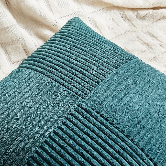 Fancy Homi 2 Packs Teal Lumbar Decorative Throw Pillow Covers 16x26 Inch for Living Room Couch Bed Sofa, Boho Home Decor, Soft Striped Corduroy Rectangle Accent Beige Cushion Case 65x40 cm