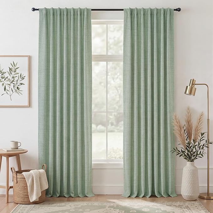 RYB HOME Sage Green 100% Blackout Curtains 108 inches Long, Thermal Insulated Linen Texture Drapes for Bedroom/Living Room, Elegant Farmhouse Curtains Back Tab&Rod Pocket, W52xL108, 2 Panels