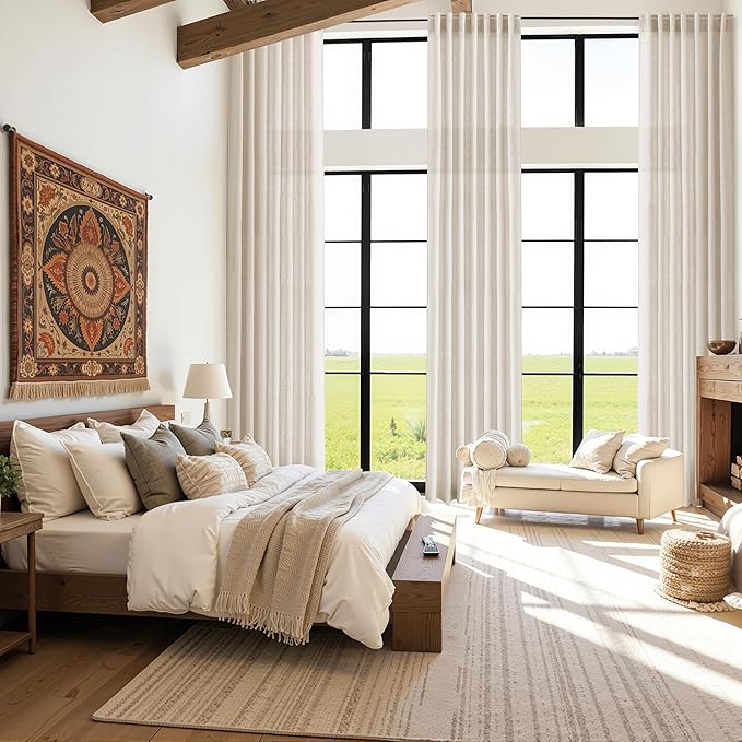 Cream Beige Linen 144 Inch Curtains for Living Room Light Filtering Semi Sheer Curtain Back Tab Modern Farmhouse Decor Elegant Coastal Drapes Floor to Ceiling High Window for Bedroom 52x144, 2 Panels