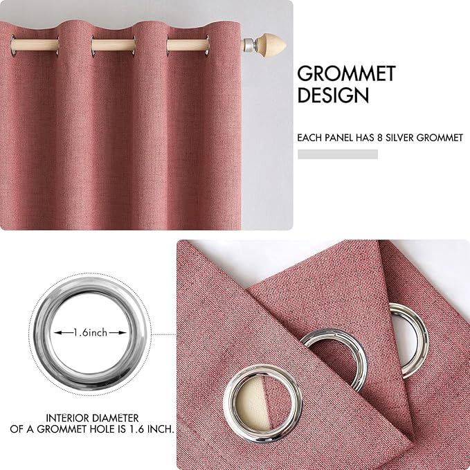 MIULEE 100% Blackout Linen Textured Curtains for Bedroom Solid Thermal Insulated Dusty Rose Grommet Room Darkening Curtains & Drapes Luxury Decor for Living Room Nursery 52 x 72 Inch (2 Panels)