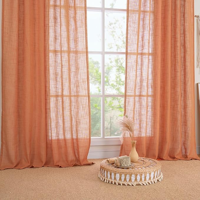 LAMIT Burnt Orange 78 inch Linen Curtains for Living Room 2 Panels, Linen Textured Light Filtering Semi Sheer Back Tab and Rod Pocket Panels for Bedroom/Farmhouse, 52 x 78 Inch
