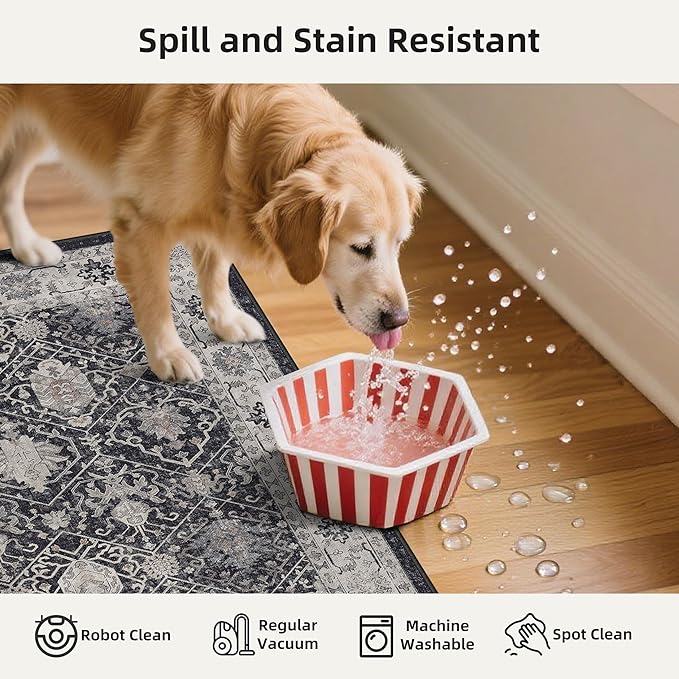 Kitchen Sink Rugs Set 0f 2: Washable Non-Slip Hardwood Floor Mat for Stove Dishwasher Fronts Soft Stain Resistant Carpet for Cooking Area & Fridge Boho Home Decor for High Traffic Area(2x3+2x4,Black)