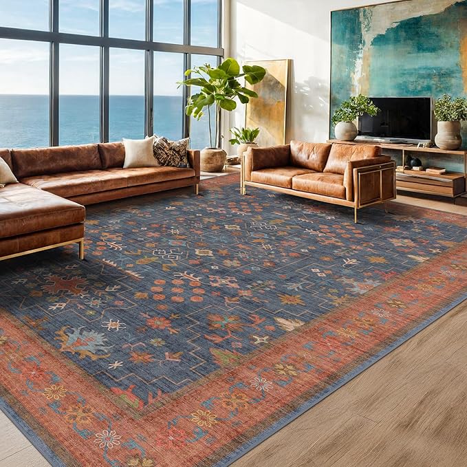 Boho Navy Blue 10x14 Area Rug for Living Room, Extra Large Dining Room Rugs for Under Table, Soft Low Pile Carpet for Bedroom - Vintage Floral Rug, Non-Slip & Stain Resistance (10x14 Navy Blue)