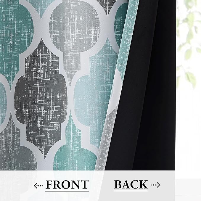 Beauoop 100% Blackout Curtains 96 Inches Long 2 Panels for Bedroom Living Room Aqua Grey Moroccan Geo Room Darkening Thermal Insulated Soundproof Rod Pocket Back Tab Window Treatments Drapes, 50x96