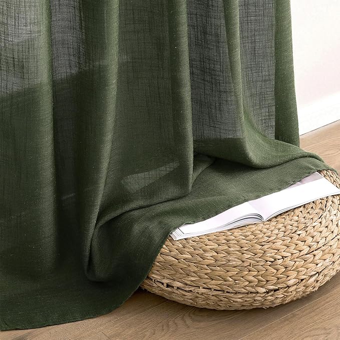 MIULEE Olive Green Short Linen Curtains 45 Inch Length 2 Panels for Kitchen Bedroom Bathroom, Soft Thick Linen Textured Basement Window Drapes Semi Sheer Light Filtering Back Tab Burlap Look Decor