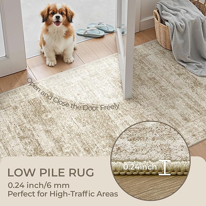 3x10 Runner Rug Non Slip Washable for Entryway, Vintage Hallway Runner for Front Porch, Laundry Room, Bedroom, Abstract Stain Resistant Thin Indoor Kitchen Mats for Floor(3'x10', Brown/Ivory)