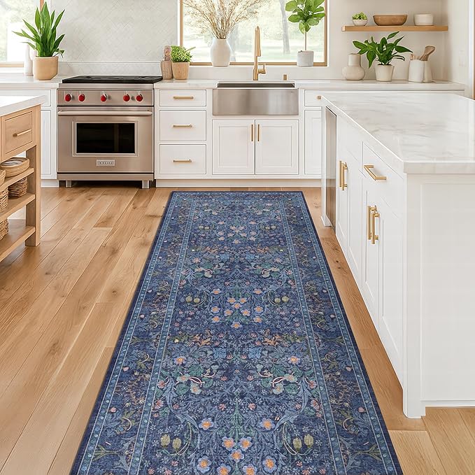 Dark Blue 2x8 Kitchen Runner Rugs - 8ft Long Machine Washable Hallway Runner Non Slip, Floral Pattern Indoor Floor Mats for Entryway, Oriental Floral Design Home Décor