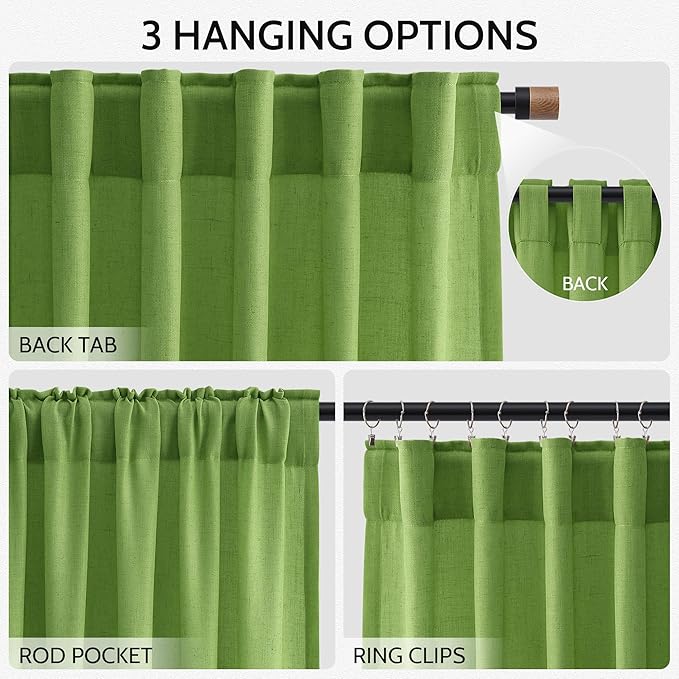 Lime Green Linen Curtains 90 Inch Long 2 Panels Set for Bedroom Living Room, Soft Linen Textured Window Drapes Semi Sheer Light Filtering Rod Pocket Back Tab Morden Style 52x90