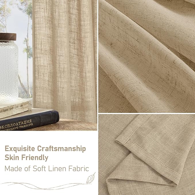 LAMIT Brown Linen Curtains 45 Inches Long 2 Panels, Light Filtering Panels Back Tab and Rod Pocket Neutral Drapes for Kitchen/Window/Bedroom, 52 x 45 Inch