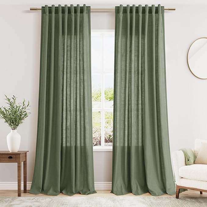 Nanspring Extended Curtain Olive Green Linen Sheer Curtains for Living Room 2 Panels Set 110 Inch Length Back Tab Light Filtering & Breathability Semi Sheer Drapes for Bedroom Living Room 52x110