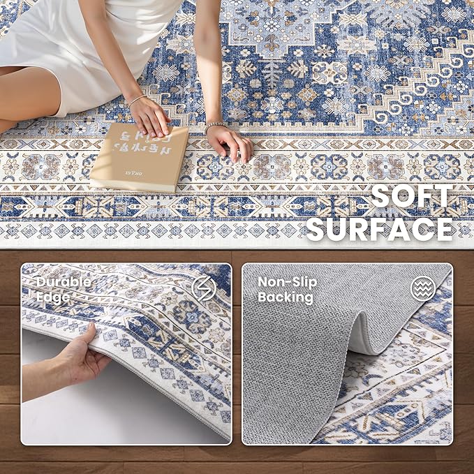 zesthome 3x5 Rug Ultra Soft Washable Rug, Non Slip Area Rug Indoor Entrance, Stain Resistant Rugs for Living Room Bedroom, Vintage Home Decor Area Rugs (Blue/Beige,3'x5')