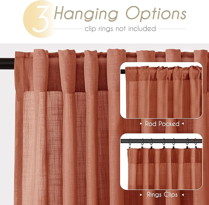 84 inch Linen Terracotta Curtains 2 Panels for Living Room Back Tab Light Filtering Semi Sheer Rust Colored Curtains 84 inches Long Soft Thick Cotton Cloth Textured Rustic Boho Farmhouse Room Decor