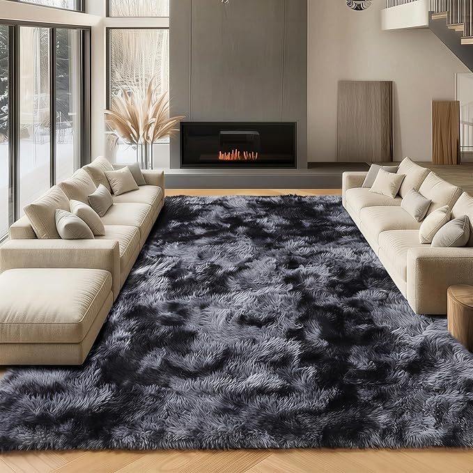 ONASAR 8x10 Area Rugs for Living Room, Tie-Dyed Dark Grey Fluffy Shag Large Bedroom Rug, Black Gray Soft Plush Thick Floor Big Indoor Carpet for Nursery Kids Boys Girls Teen Dorm Home Decor