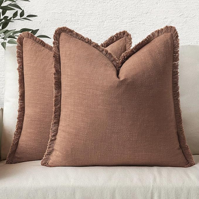 MIULEE Decorative Throw Pillow Covers Neutral Linen Fringe Throw Pillows Euro Shams Set of 2 Brick Boho Farmhouse Cushion Covers for Couch Sofa Bed Living Room Spring Home Decor 22x22 Inch