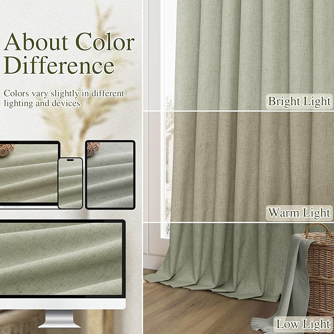 Sage Green 100% Blackout Curtains 45 Inch Length 2 Panels Set for Living Room Bedroom Back Tab Thermal Insulated Black Out Linen Drapes Room Darkening Window Curtains 52x45