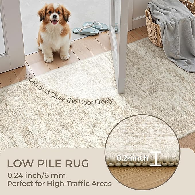 4x10 Runner Rug, Washable Hallway Runner Rug with Non-Slip Backing, Low Pile Wide Runner for Living Room, Entryway, Kitchen, Soft Modern Home Decor Mat for Dining Room(4'x10', Beige/Ivory)