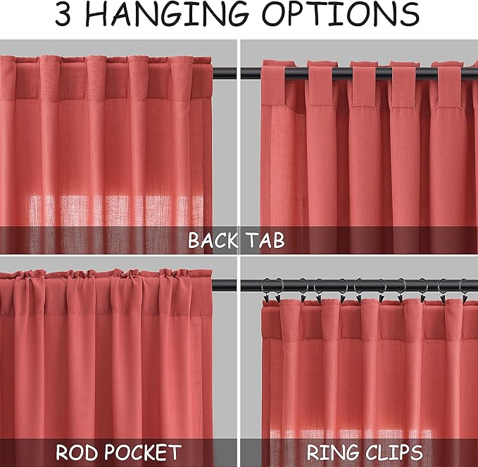 Nanspring Watermelon Red Curtains 108 Inches Long 2 Panels, Semi Sheer Back Tab Loop Pocket Large Window Curtain Extra Long Light Filtering Drapes High Ceiling Drape for Living Room 52x108